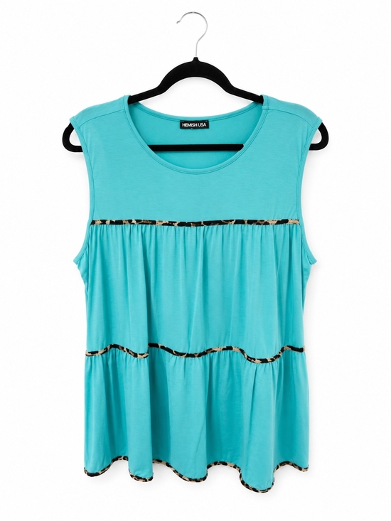 HEIMISH USA Tops - HEIMISH USA Turquoise Tiered Ruffle Tank with Leopard Trim